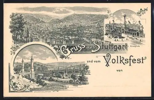 Lithographie Cannstatt, Teilansicht, Ehrenpforte am Volksfest, König Karls-Brücke zwischen Cannstatt und Stuttgart