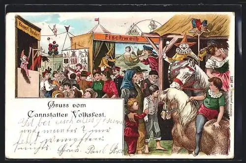 Lithographie Besucher auf dem Volksfest, Kasperl'Theater, Ponyreiten, Fischweib