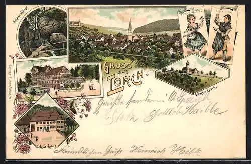 Lithographie Lorch / Württbg., Gasthof zur Harmoni, Schillerhaus, Kloster