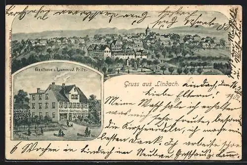 Lithographie Lindach / Schwäb. Gmünd, Gasthaus zum Lamm, Teilansicht mit Schloss