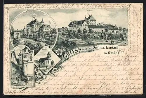 Lithographie Lindach bei Gmünd, Schloss Lindach Südseite, Nordseite, Schlosshof