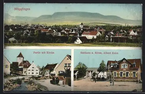 AK Mögglingen, Ortsansicht, Partie mit Kirche, Gasthaus z. Ritter, Inh.: Albert Kuhn