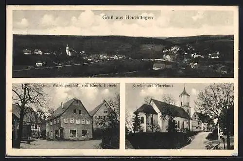 AK Heuchlingen O.-A. Aalen, Gemischtwarengeschäft von Eberh. Beierle, Kirche und Pfarrhaus, Panorama