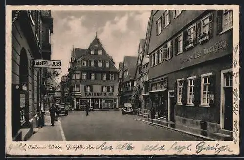 AK Aalen i. Wttbg., Hauptstrasse mit Gasthaus zur Rose und Friseurgeschäft