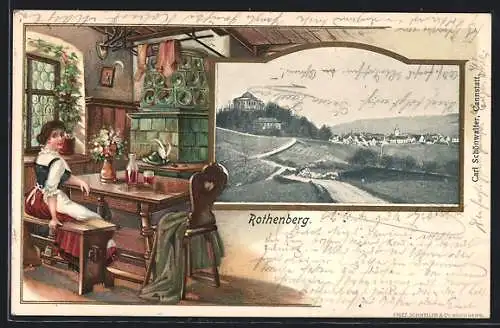 Passepartout-Lithographie Rothenberg / Stuttgart, Ortsansicht mit Umgebung, Frau in Gasthaus