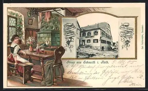 Passepartout-Lithographie Schnaith / Württ, Gasthaus zum Lamm, Bes. J. Kiesel