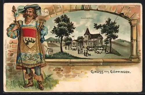 Passepartout-Lithographie Göppingen, Schützenhaus, Zeremonienmeister mit Wappen