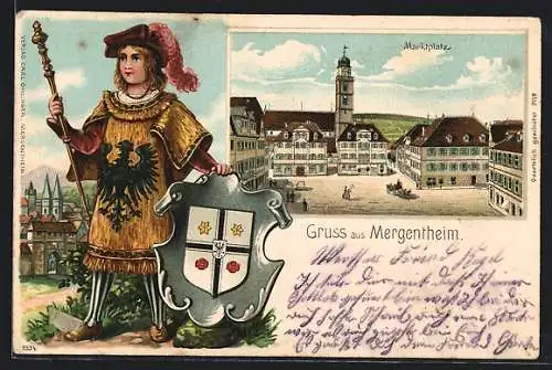 Passepartout-Lithographie Mergentheim, Marktplatz, Wächter mit Wappen