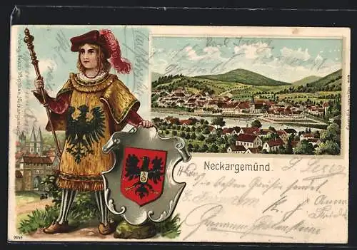 Passepartout-Lithographie Neckargemünd, Stadtansicht mit Flusspartie, Kleiner Zeremonienmeister mit Wappen