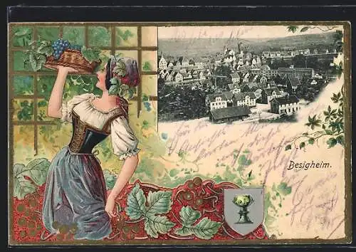 Passepartout-Lithographie Besigheim, Ortsansicht, junge Frau mit einem Korb voll Trauben