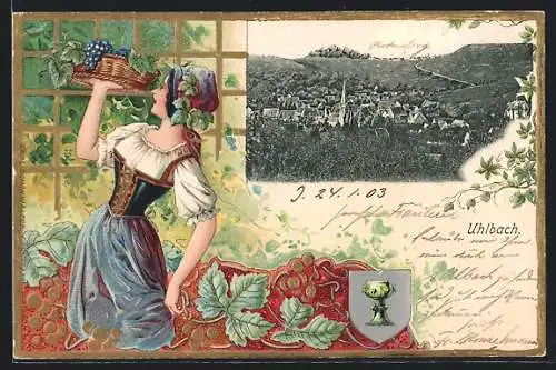 Passepartout-Lithographie Stuttgart-Rothenberg, Teilansicht m. geprägter Frau in Tracht