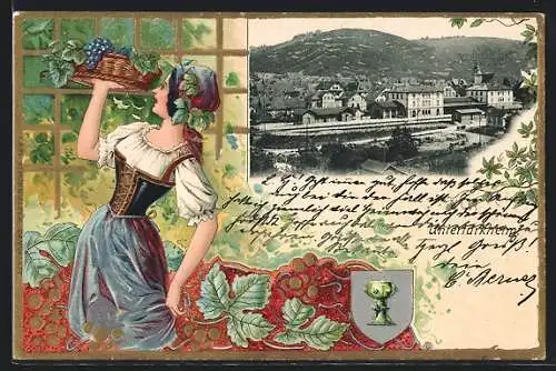 Passepartout-Lithographie Untertürkheim, Teilansicht, Frau in Tracht mit Weinkorb