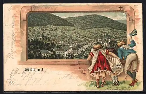 Passepartout-Lithographie Wildbad / Württ., Gesamtansicht mit Umgebung, Kinder schauen von einer Brüstung