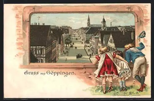 Passepartout-Lithographie Göppingen, Kinder schauen auf die Strasse