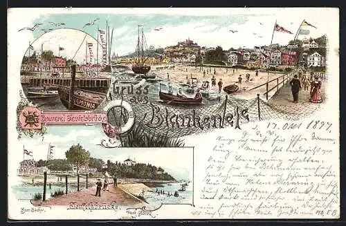 Lithographie Hamburg-Blankenese, Brauerei Teufelsbrücke, Park-Hotel Teufelsbrücke, Hafen