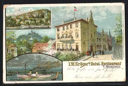 Lithographie Hamburg-Blankenese, Kröger's Hotel, Dampfer