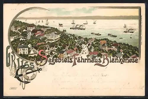 Lithographie Hamburg-Blankenese, Restaurant Sagebiels Fährhaus aus der Vogelschau