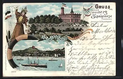 Lithographie Hamburg-Blankenese, Alsterpartie und Blick auf das Etablissement auf dem Süllberg