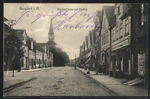 AK Burgdorf i. H., Marktstrasse mit Geschäft C. F. Lüders und Kirche