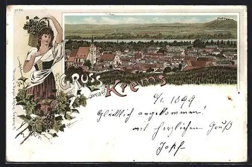 Lithographie Krems, Panoramablick auf den Ort, Mädchen bei der Weinlese