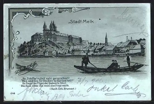 Mondschein-Lithographie Melk, Ortsansicht vom Wasser mit dem Kloster