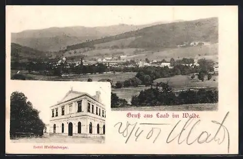 AK Laab im Walde, Hotel Weissenberger, Gesamtansicht mit Umgebung, von oben gesehen