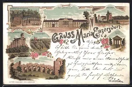 Lithographie Maria Enzersdorf, Burg Liechtenstein, Restauration, Husarentempel