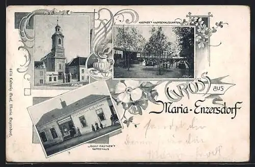 Passepartout-AK Maria-Enzersdorf, Kaffeehaus Josef Kastner mit Garten, Kirche