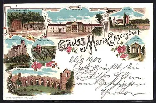 Lithographie Maria Enzersdorf, Restaurant Liechtenstein, Burg Liechtenstein, Wallischhof, Amphietheater, Husarentempel