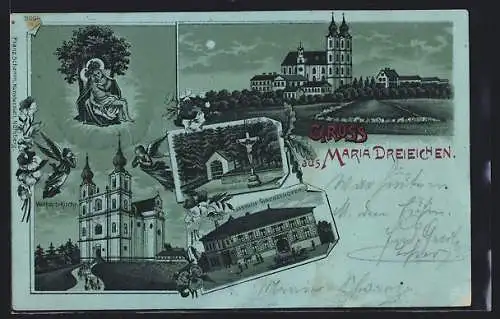 Mondschein-Lithographie Maria Dreieichen, Wallfahrts-Kirche, Gasthof Wachelhofer, Bründl, Ortsansicht