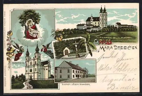 Lithographie Maria Dreieichen, Gasthof v. Josefa Schmöger, Wallfahrts-Kirche, Bründl