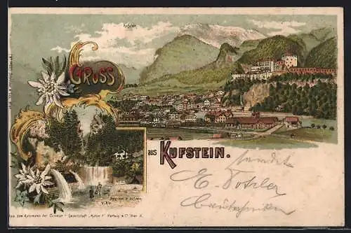 Lithographie Kufstein, Teilansicht, Wasserfall, Edelweiss