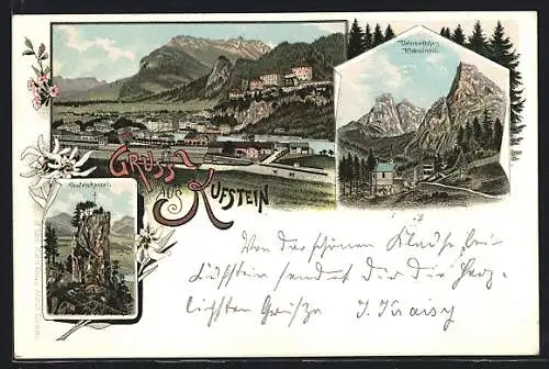 Lithographie Kufstein, Unterkunfts- und Gasthaus Hinterbärnbad, die Teufelskanzel, Ortsansicht mit Bahnhof