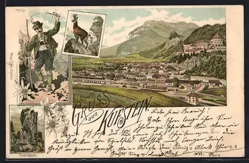 Lithographie Kufstein, Panoramablick auf die Stadt, Teufelskanzel