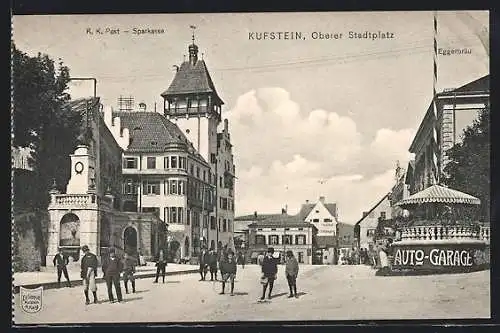 AK Kufstein, Gasthaus Eggerbräu und K. k. Post-Sparkasse am Oberen Stadtplatz