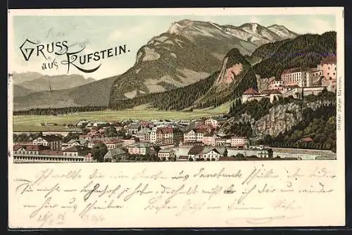 Lithographie Kufstein, Gesamtansicht am Fluss gegen die Berge