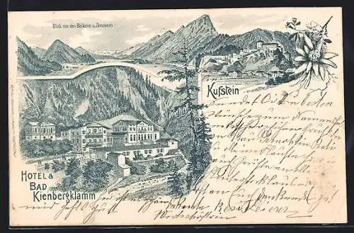 Lithographie Kufstein, Hotel & Bad Kienbergklamm, Aussicht von Balkons und Zimmern