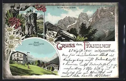 Lithographie Ebbs, Kaiserthal, Der Gasthof Pfandl, die Teufelskanzel, der Wilde Kaiser von Norden