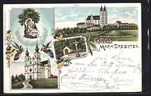 Lithographie Rosenburg-Mold, Maria Dreiechen, Wallfahrtskirche, Heiligendarstellung mit den Drei Eichen