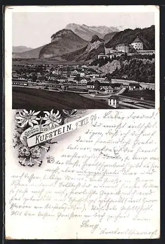 Lithographie Kufstein, Panoramablick auf Ort und Gebirge
