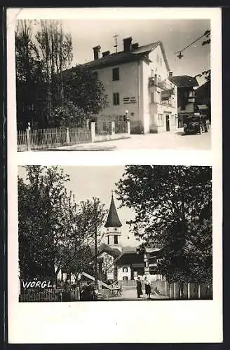 AK Wörgl, Gasthof und Cafe Hasser, Strassenpartie mit Blick zur Kirche