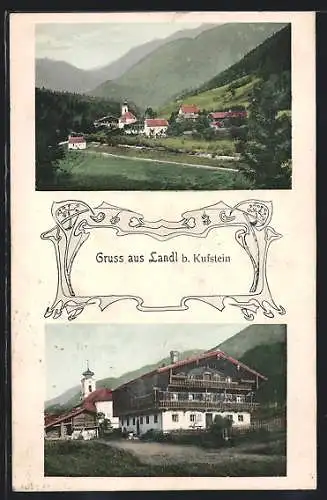 AK Landl b. Kufstein, landestypisches Haus und Kirche, Ortsansicht