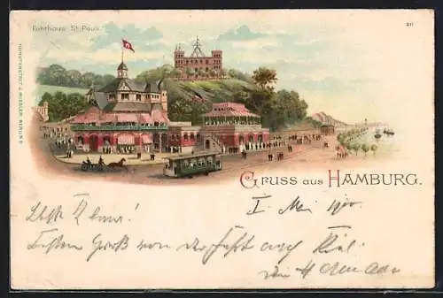 Lithographie Hamburg-St. Pauli, Gasthaus St. Pauli, Strassenbahn