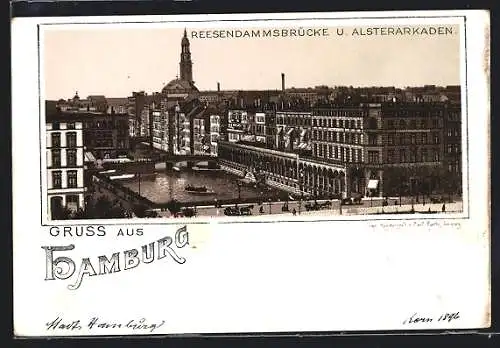 Lithographie Hamburg, Reesendammsbrücke und Alsterarkaden