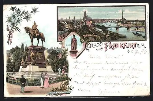 Lithographie Frankfurt a. M., Kaiser Wilhelm Denkmal, Karl d. Grosse, Totalansicht