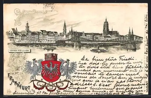 Lithographie Alt-Frankfurt, Eiserner Steg und Dom, Dampfer, Wappen