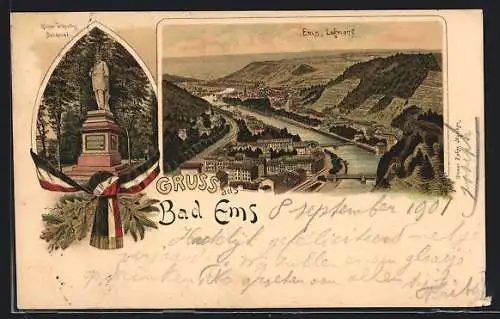 Lithographie Bad Ems, Kaiser Wilhelm Denkmal, Ortsansicht mit Lahnverlauf