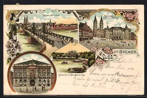Lithographie Bremen, Rathaus, Dom u. Börse, Blick zur Weserbrücke & Tivoli-Theater