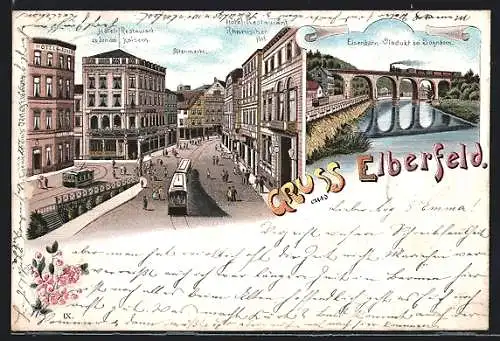 Lithographie Elberfeld, Hotel-Restaurant zu den drei Kaisern und Hotel-Restaurant Rheinischer Hof am Altenmarkt