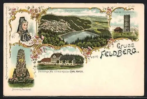 Lithographie Feldberg / Schwarzwald, Bismarck-Denkmal, Frau in Tracht, Feldbergsee, Gasthaus Feldberger Hof, Schutzhütte